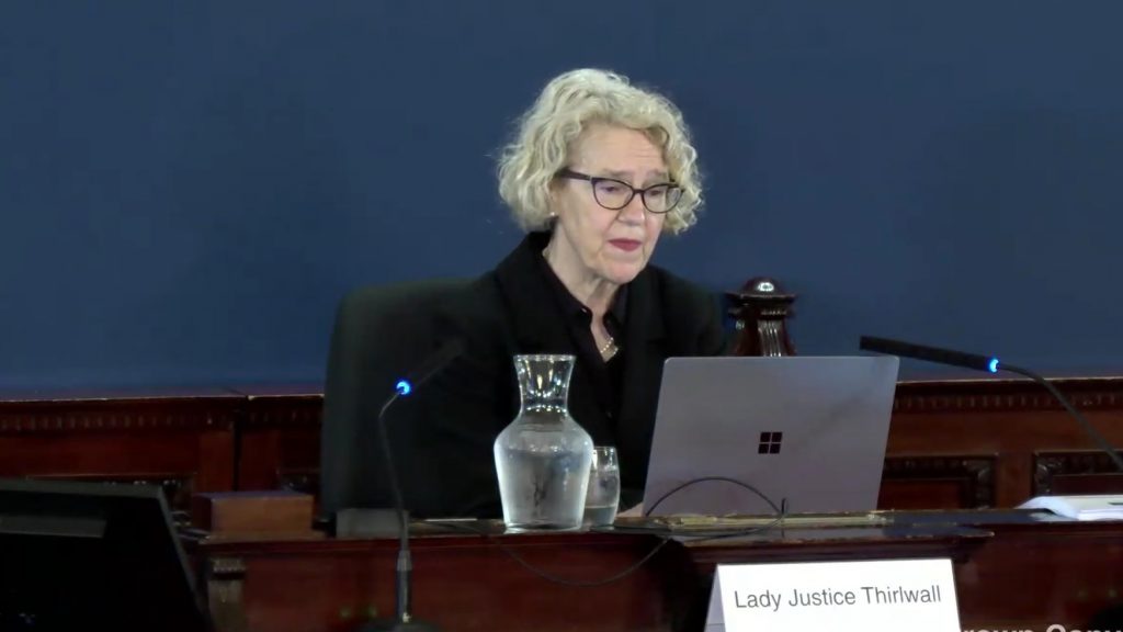 Lady Justice Thirlwall delivering her opening remarks